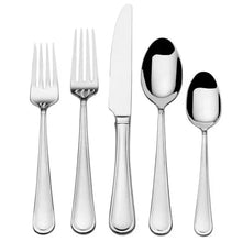 Stainless steel flatware set with multiple forks, knife, and two spoons