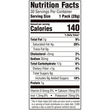 Nutrition Facts label: 1 pack (28g) with 140 calories per serving
