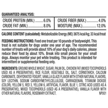 Nutrition facts and ingredients label on dog treat bag back panel