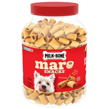 MaroSnacks dog treat jar with bone-shaped biscuits, red cap, filled with marrow snacks