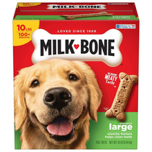 Large dog biscuit box with bone-shaped treats and smiling dog face, red packaging