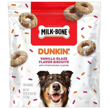 Dog treat bag with Milk-Bone Dunkin vanilla glaze; sprinkle-covered ring biscuits