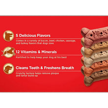 Dog biscuit pack info panel with 5 flavors, 12 vitamins & minerals, and bone-shaped treats