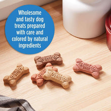 Bone-shaped dog biscuits on wood surface with bowl and cloth nearby
