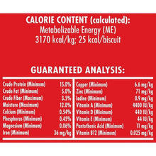 Dog biscuit variety pack nutrition label with calorie content and guaranteed analysis