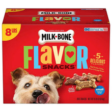 Dog biscuit variety pack box front with assorted bone-shaped Milk-Bone Flavor Snacks, 8 lb