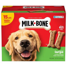 Milk-Bone Large crunchy dog biscuit box, 15 lb, with golden retriever and biscuits