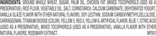 Dog treat ingredient list on Milk-Bone Dunkin Vanilla Glaze bag, nutrition text panel