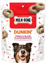 Milk-Bone Dunkin vanilla glaze dog treat biscuits in resealable bag