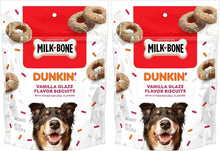 Milk-Bone Dunkin Vanilla Glaze dog biscuit bags, front view with dog photo
