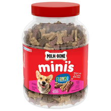 Red dog treat canister filled with mini crunchy bone-shaped biscuits, red screw lid