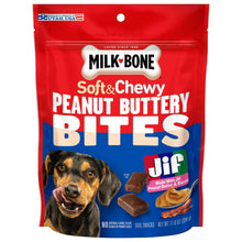 Milk-Bone peanut buttery dog treat bag, Soft&Chewy bites packaging with dog portrait