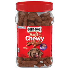 Milk-Bone Soft & Chewy dog treat canister with soft, dark brown pieces