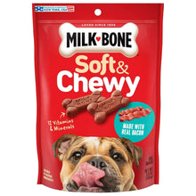 Dog treat pouch, red package with Milk-Bone Soft & Chewy branding and brown bones