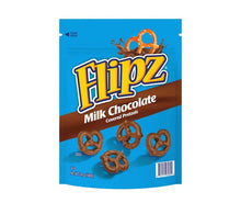 Milk chocolate covered pretzels bag front with Flipz logo and pretzel shapes