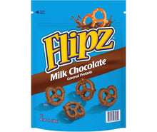 Milk chocolate covered pretzels bag with pretzel-shaped chocolate pieces on blue packaging
