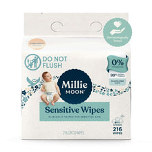 Baby sensitive wipes pack, white with blue floral border and 0% fragrance badge