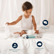 Baby wipes pack on bed with white cloth wipe, shown with child using wipes