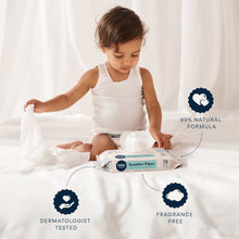 Child holding sensitive baby wipes container, dermatologically tested