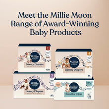 Millie Moon range graphic featuring sensitive wipes packs and other baby products