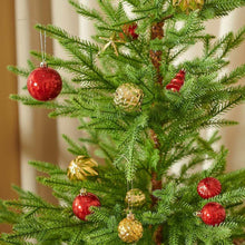 Red and gold hanging Christmas baubles with glitter finish