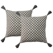 Two beige geometric diamond throw pillows with tassel corners and textured weave.
