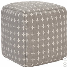 Grey patterned cube ottoman pouf with white cross motif on top and sides
