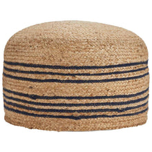 Round jute pouf with stacked navy stripe bands and natural woven texture