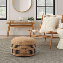 Striped jute pouf with rounded top, natural tones, and navy bands