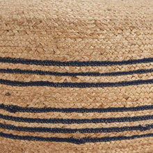 Jute pouf top with woven texture and navy stripe band wrap detail
