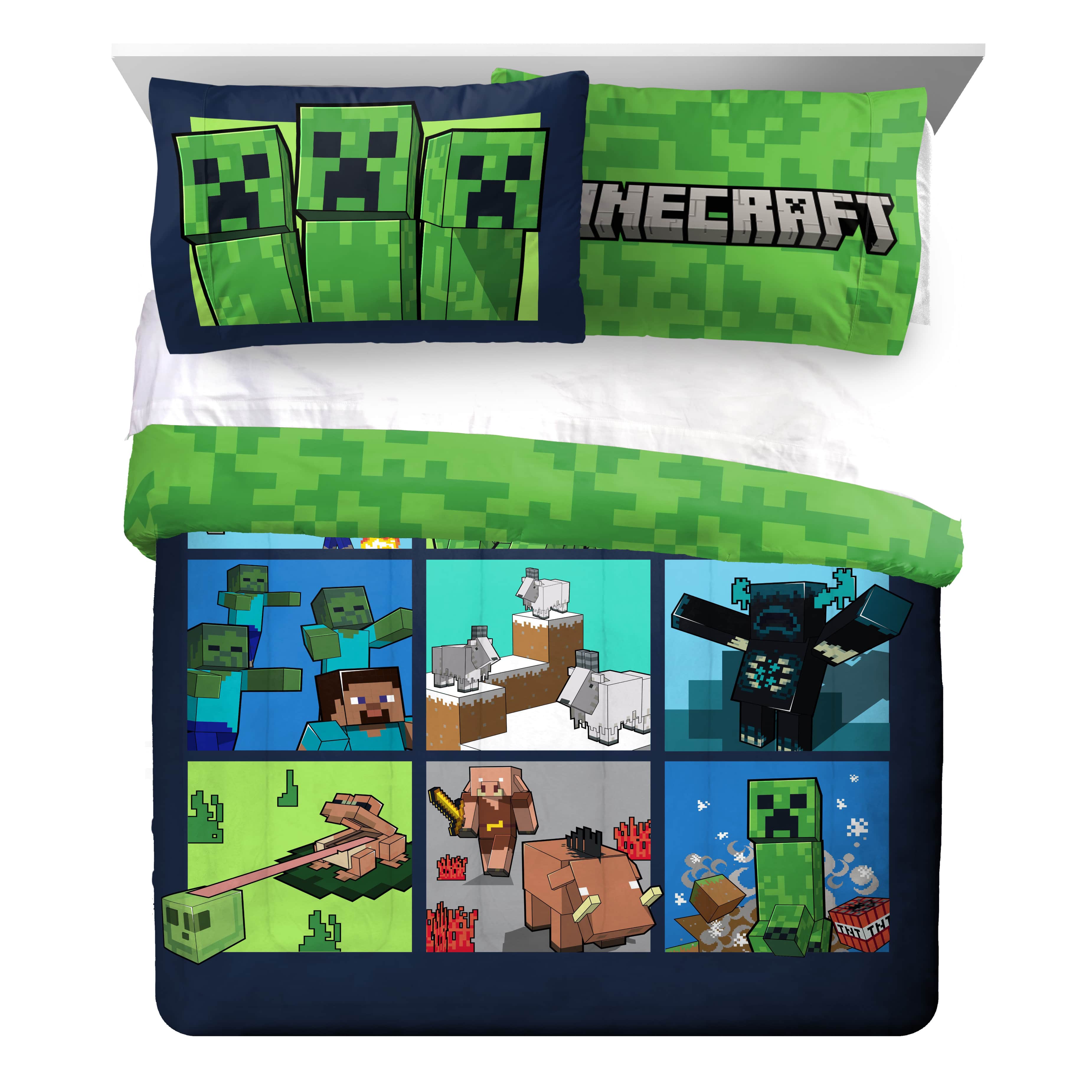 Minecraft Kids 2 Piece Green Reversible Comforter and Pillowcase Bedding Set, Twin/Full