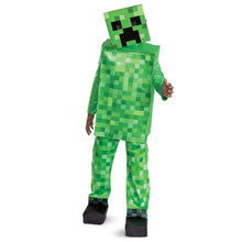 Green pixelated creeper costume with hood and printed face, kids