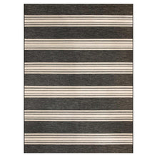 Outdoor area rug with alternating dark and ivory horizontal stripes, flat pattern view.