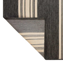 Area rug corner with dark binding and striped panel, ivory accent lines.