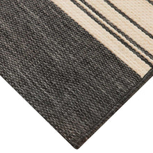 Area rug corner detail with dark woven texture and ivory stripe bands.