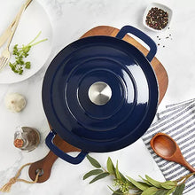 Navy enameled Dutch oven with round lid and central knob