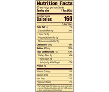 Nutrition Facts panel for mini pretzels: 60 servings, 160 calories