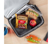 Mini pretzels bag in black lunch container with sandwich, apple, and carrots