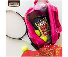 Mini pretzels bag in pink lunch backpack with yellow tennis balls