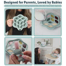 Teal silicone baby fruit feeder mold tray held by hands for freezing teething pops