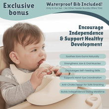 Adjustable baby fruit feeder bib with white teething pacifier for soothing sore gums