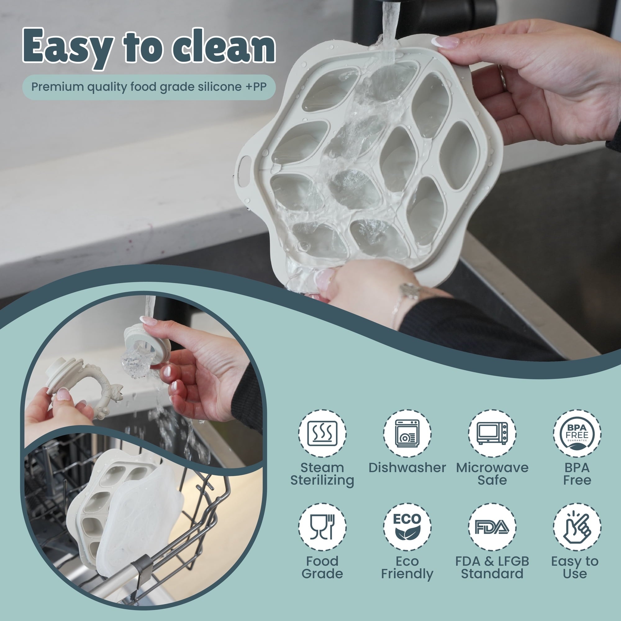 Minie Joo Baby Fruit Feeder, Adjustable Bib, and Breastmilk Popsicle Molds for Teething Relief-3 Pacifier Sizes