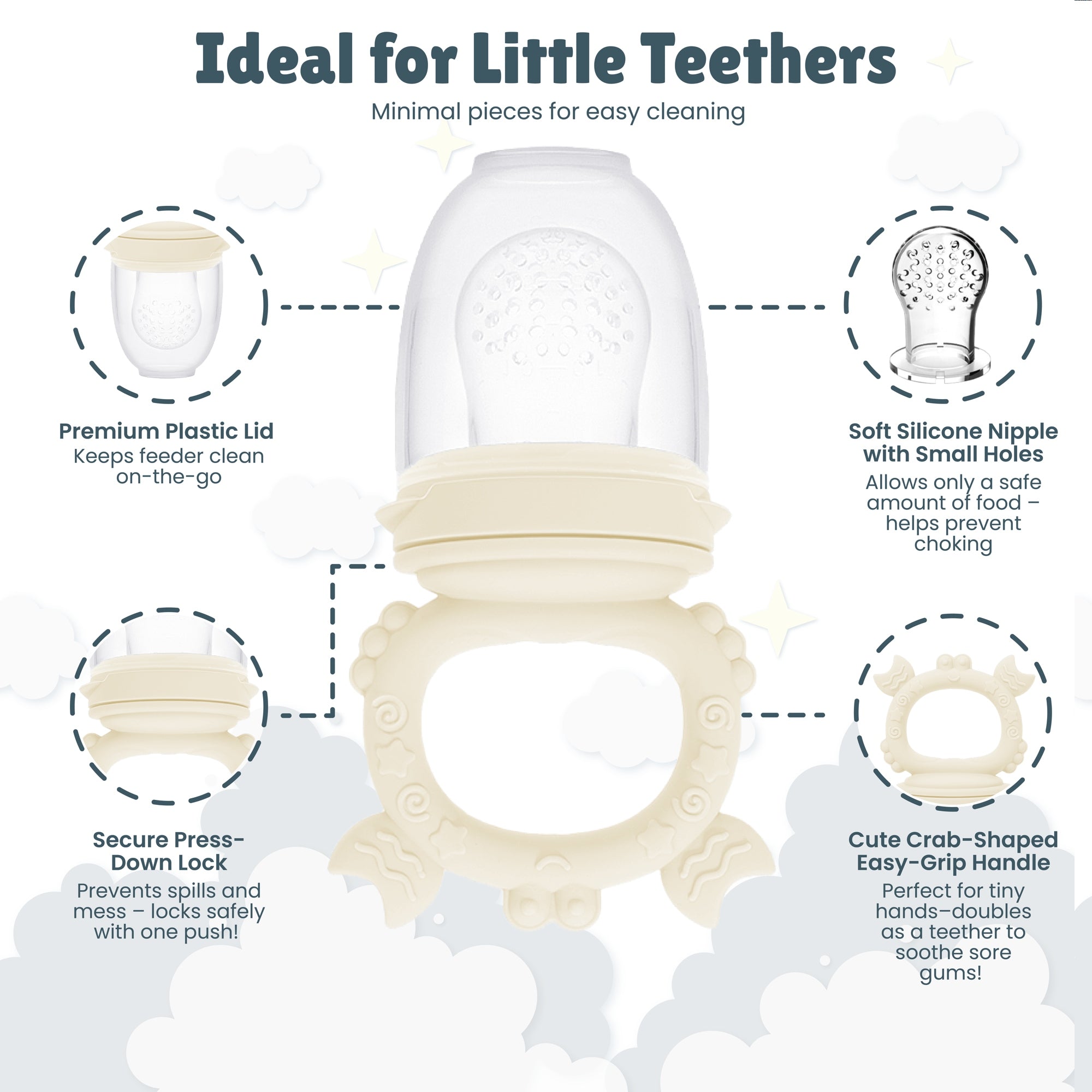 Minie Joo Baby Fruit Feeder, Adjustable Bib, and Breastmilk Popsicle Molds for Teething Relief-3 Pacifier Sizes
