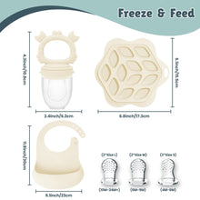Baby fruit feeder set showing cream feeder, teether ring, and three pacifier size tips