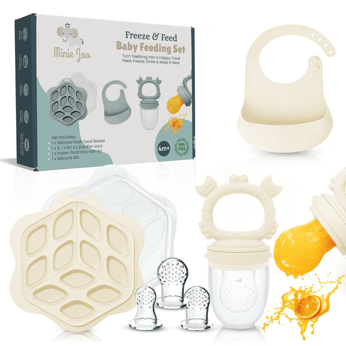 Minie Joo Baby Fruit Feeder, Adjustable Bib, and Breastmilk Popsicle Molds for Teething Relief-3 Pacifier Sizes