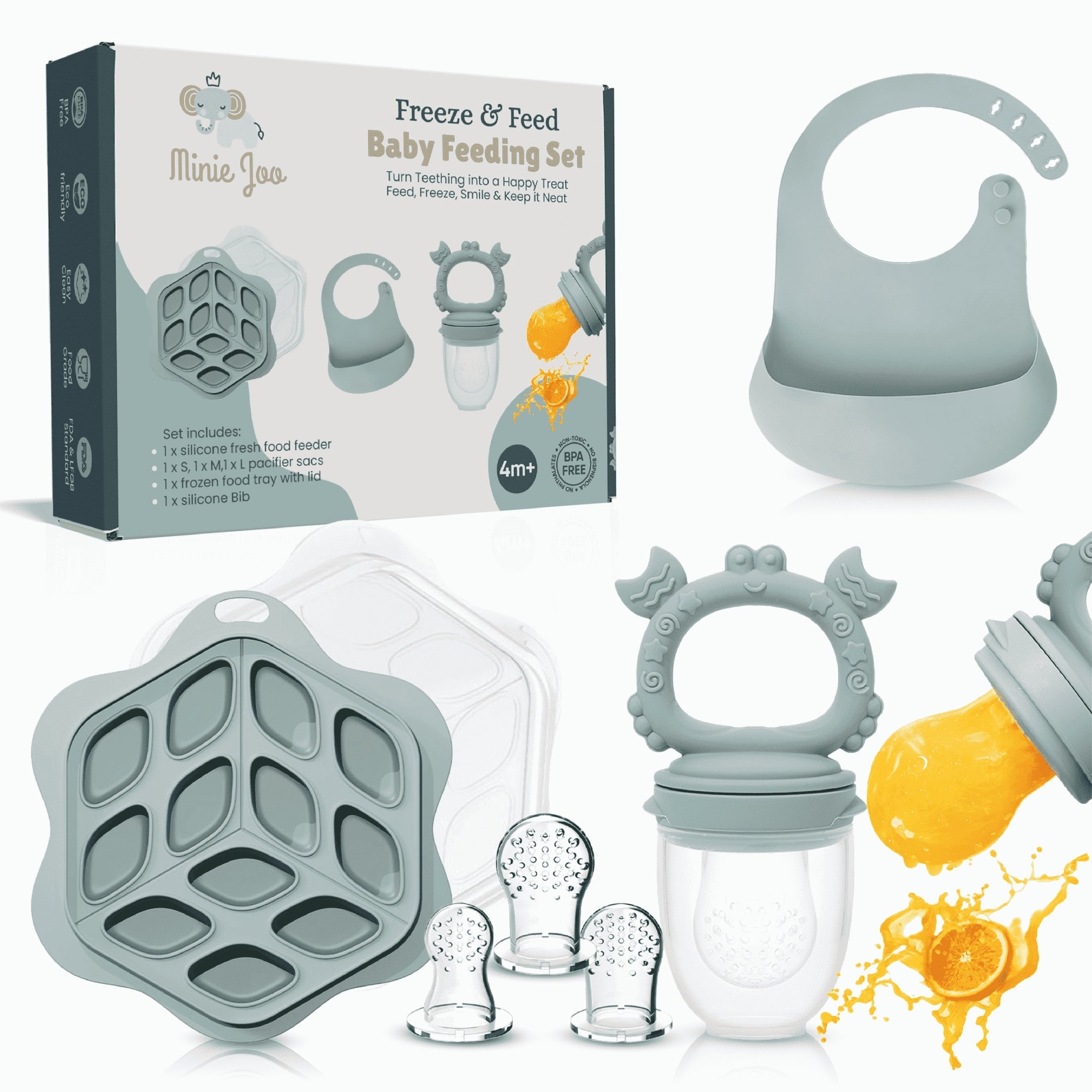 Minie Joo Baby Fruit Feeder, Adjustable Bib, and Breastmilk Popsicle Molds for Teething Relief-3 Pacifier Sizes