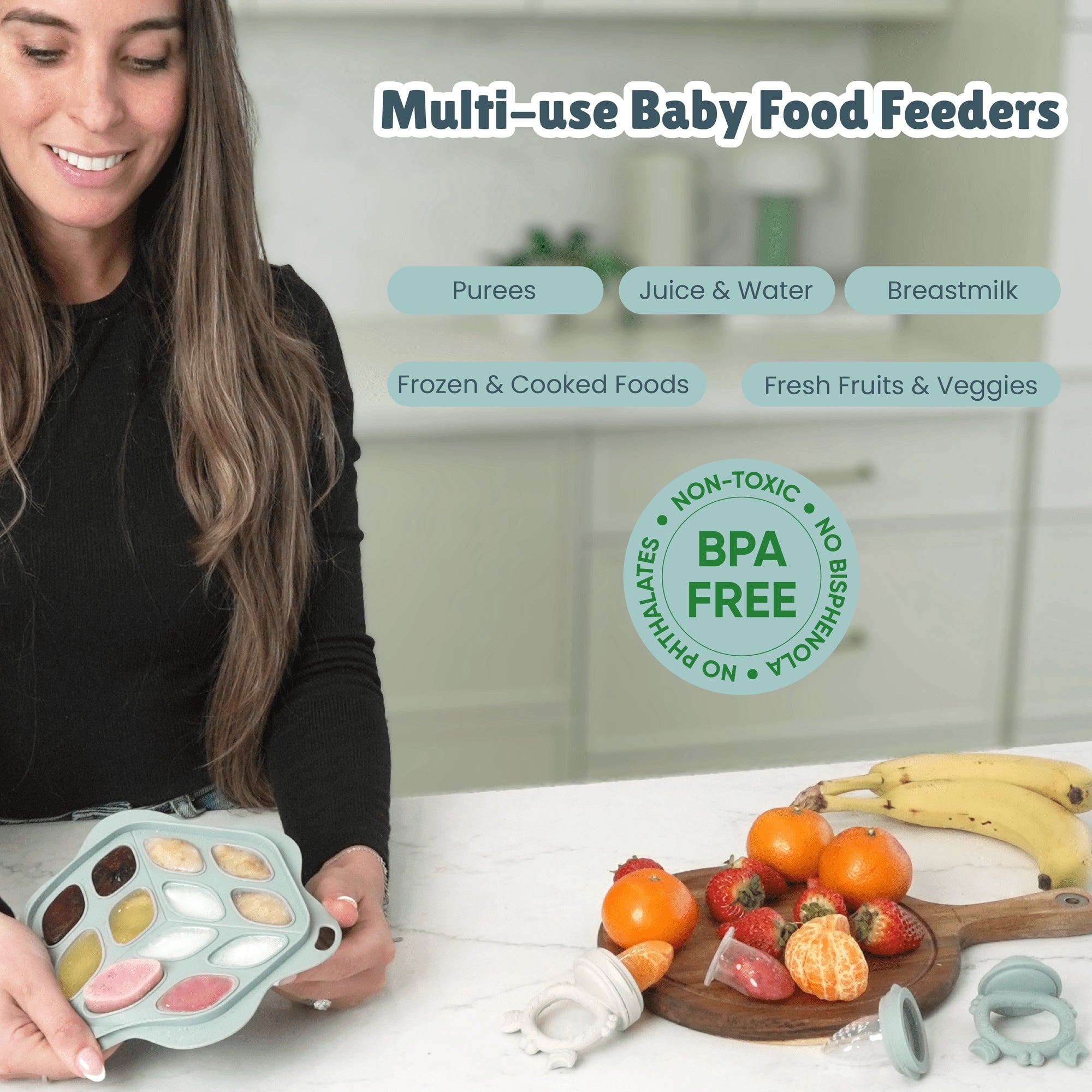 Minie Joo Baby Fruit Feeder, Adjustable Bib, and Breastmilk Popsicle Molds for Teething Relief-3 Pacifier Sizes