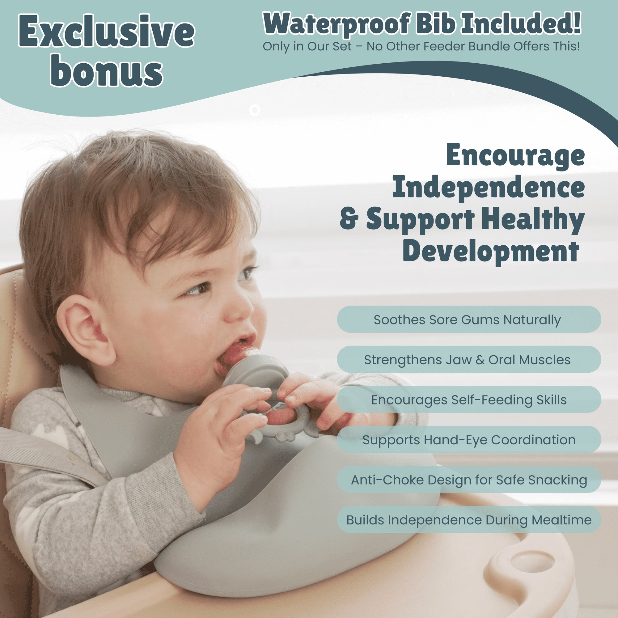 Minie Joo Baby Fruit Feeder, Adjustable Bib, and Breastmilk Popsicle Molds for Teething Relief-3 Pacifier Sizes