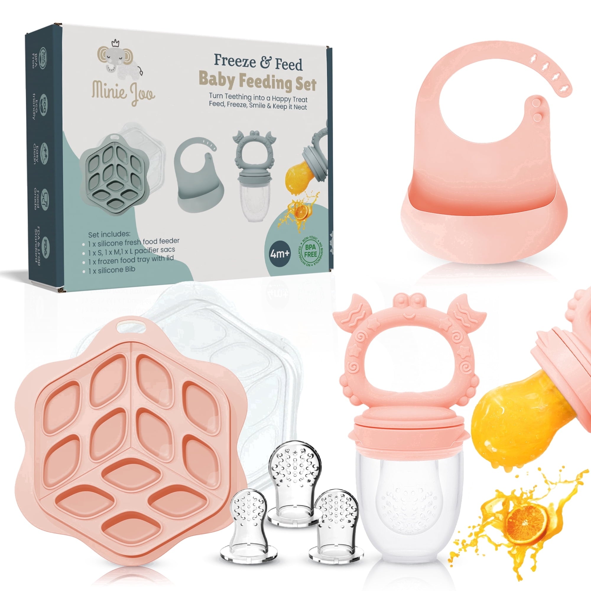 Minie Joo Baby Fruit Feeder, Adjustable Bib, and Breastmilk Popsicle Molds for Teething Relief-3 Pacifier Sizes