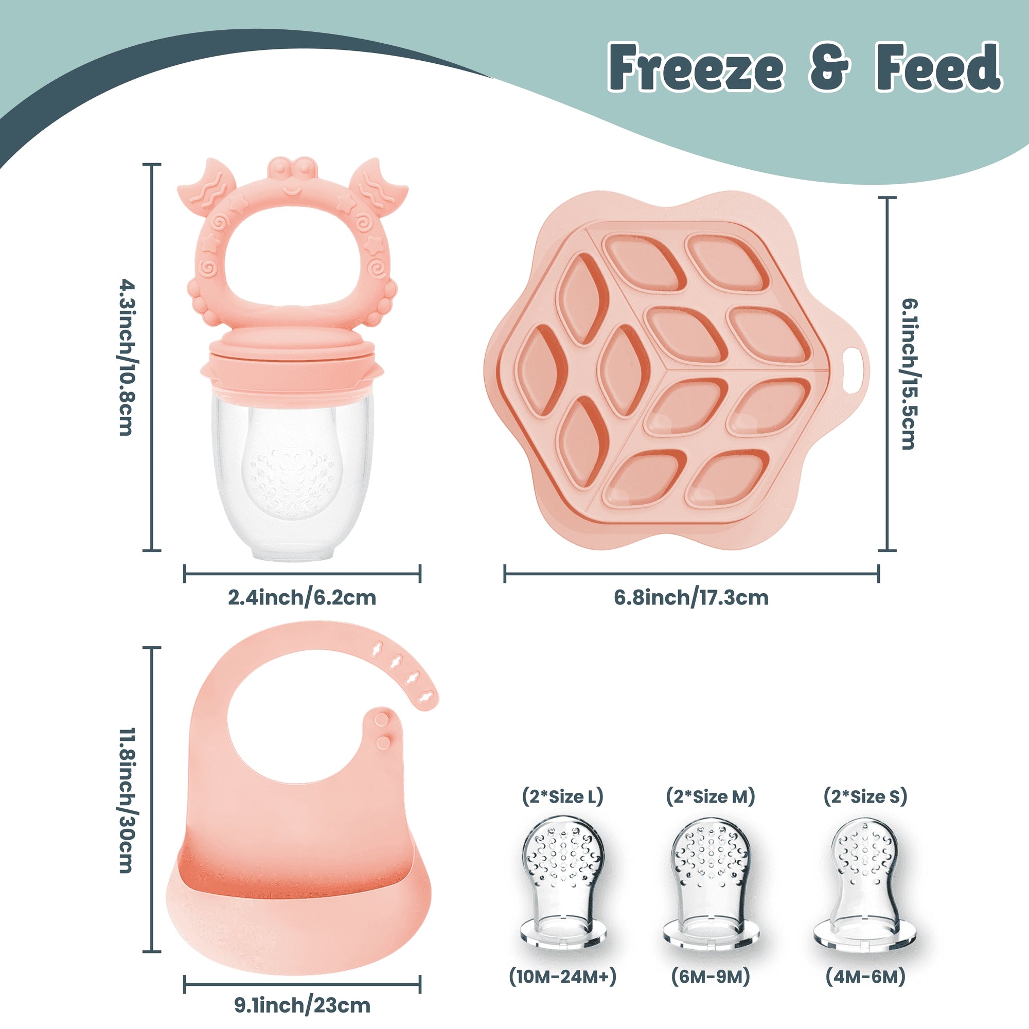 Minie Joo Baby Fruit Feeder, Adjustable Bib, and Breastmilk Popsicle Molds for Teething Relief-3 Pacifier Sizes
